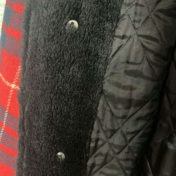 VINTAGE 50s Pendleton Tartan Plaid Faux Fur Collared Wool Car Coat red - Picture 12 of 14